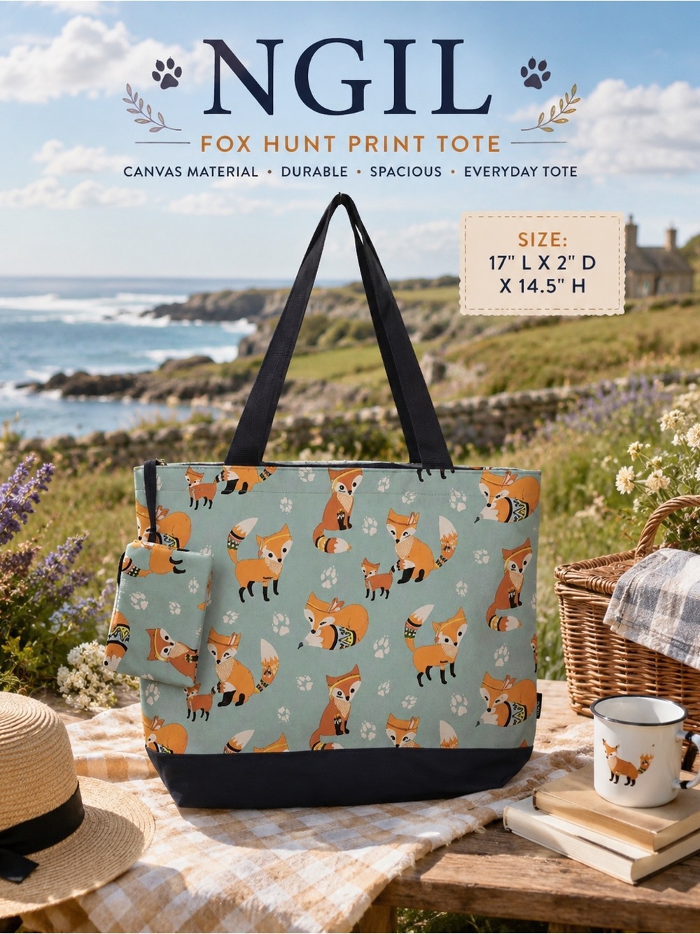 NGIL Fox Print Canvas reusable Tote Bag